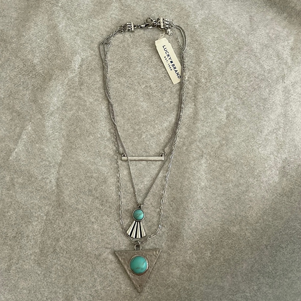 NWT Lucky Brand 3 in one silvertone/turquoise necklace up to 20+"